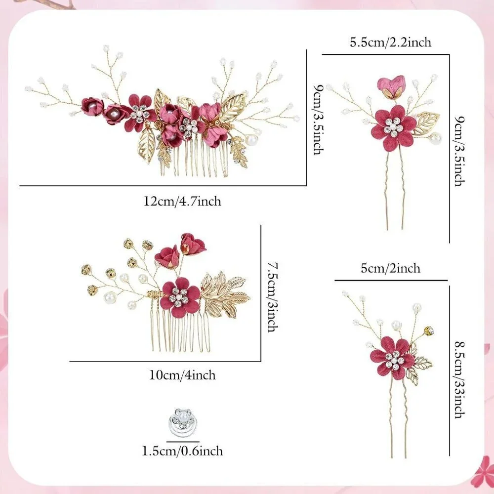 18 Pieces Bridal Wedding Party Prom Pearl Rhinestone Rose Red Flower Hair Side C